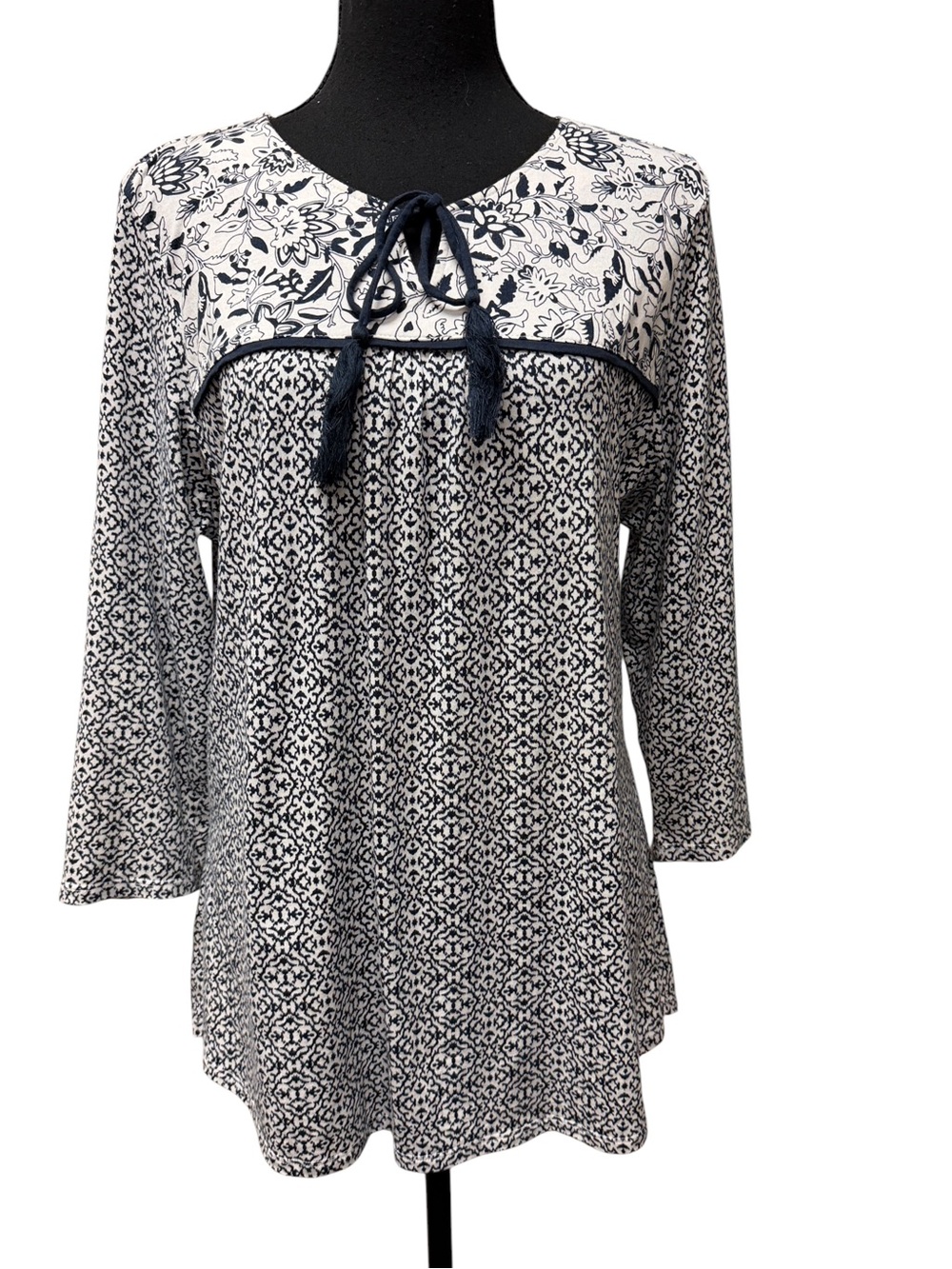 Christopher & Banks Navy and White Tassel Tie Floral Yoke Long Sleeve Top